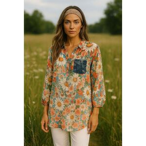 Simply Couture Daisy Floral Tunic Blue Boho Top XXL | Sheer Lightweight Pullover
